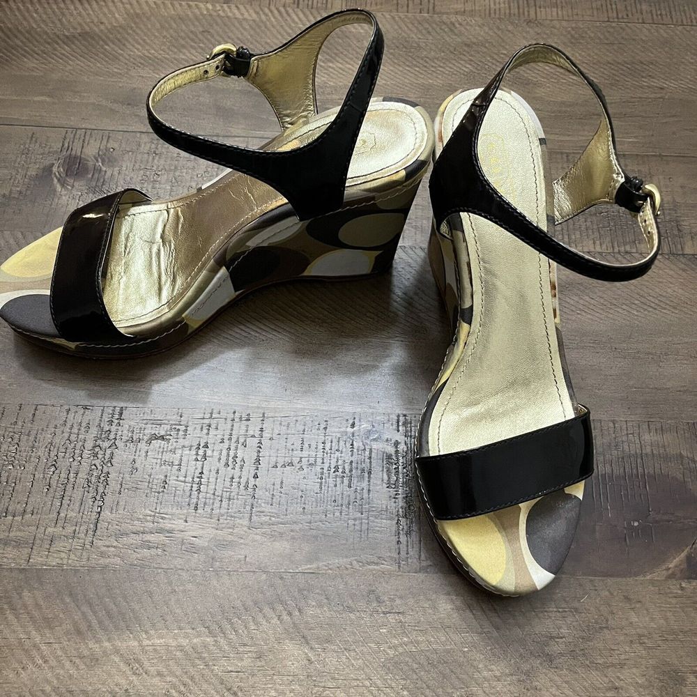 Coach Black Monogram Scribble Klara Wedge Sandals Size‎ 7.5C - Picture 2 of 7